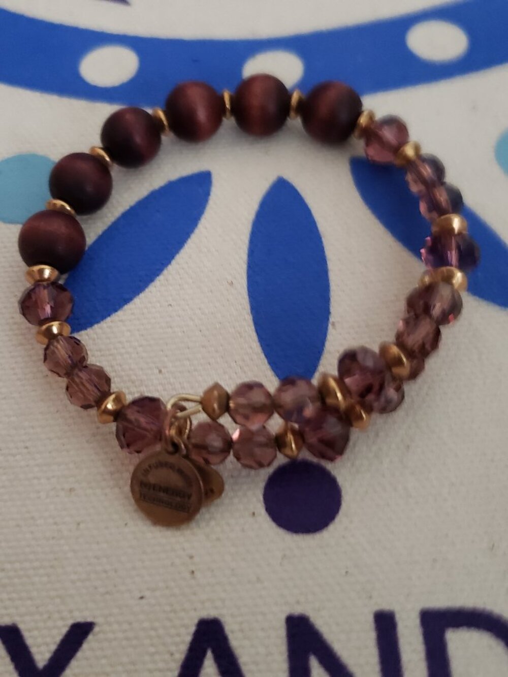 Alex and Ani Beaded Wood Beads & Pinkish Purple Beaded Wrap Gold Vintage 82